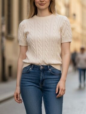 Women's Unbranded Cream Cable Knit Short Sleeve Crew Neck Sweater S